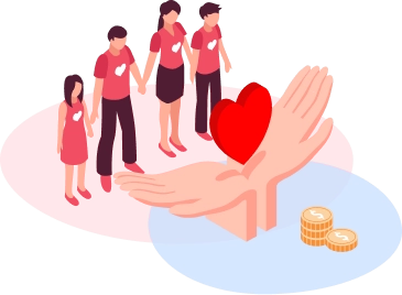 一群人手拉手站在捧著愛心的手掌前